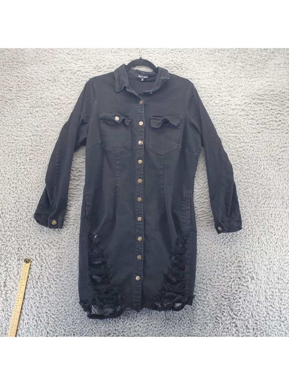 Fashion Nova Jacket Womens 2X Black 3/4 Stretch Long Denim Jean Jacket *Read*